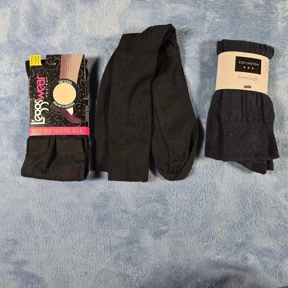 Vintage Women’s Black Knee High Trouser Socks Hosiery NOS Mixed Brand Lot of 3
